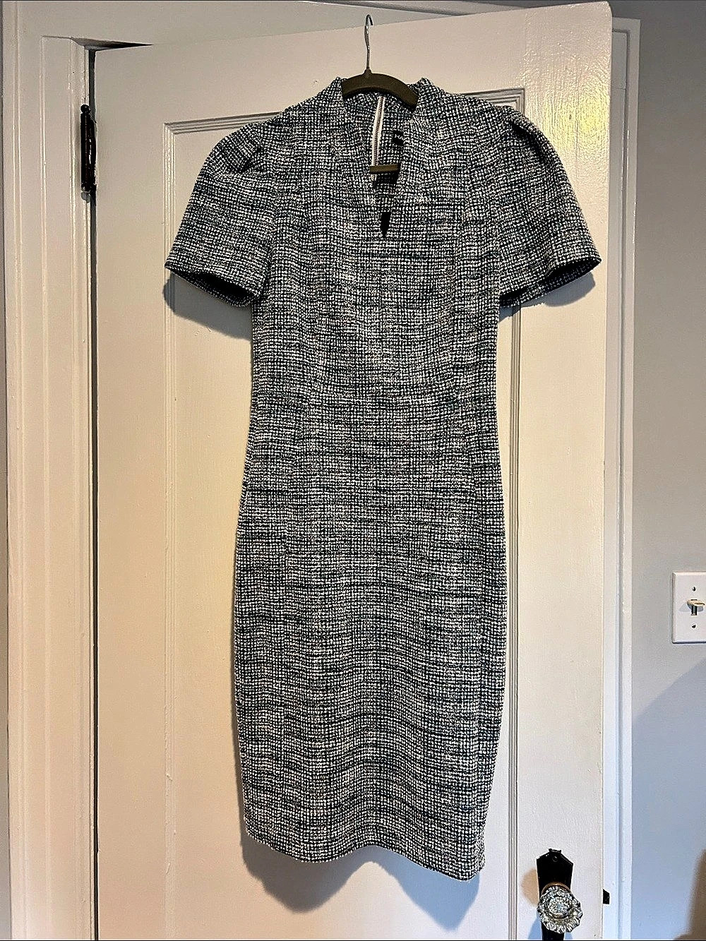 Halston Tweed Midi Dress in Blue & White Size 2 NWT